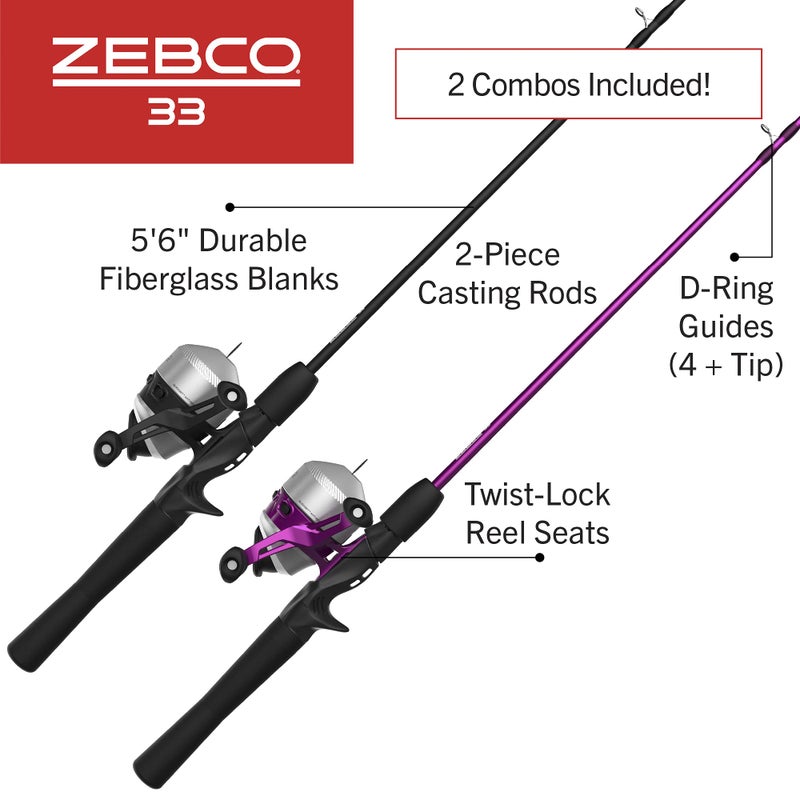 Zebco 33 Spincast Reel and Fishing Rod Combos (2-Pack), 5-Foot 6-Inch 2-Piece Fiberglass Rods with EVA Handle, Quickset Anti-Reverse Fishing Reels with Bite Alert, 1-Pink, 1-Black - Image 2